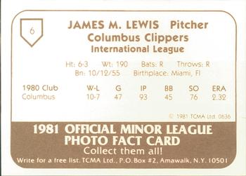 1981 TCMA Columbus Clippers #6 Jim Lewis Back