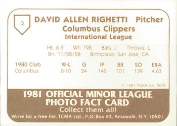 1981 TCMA Columbus Clippers #9 Dave Righetti Back