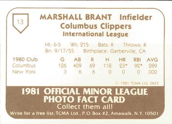 1981 TCMA Columbus Clippers #13 Marshall Brant Back