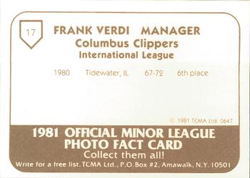 1981 TCMA Columbus Clippers #17 Frank Verdi Back