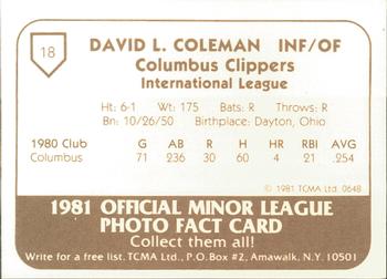 1981 TCMA Columbus Clippers #18 Dave Coleman Back