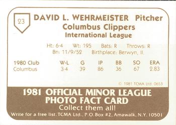 1981 TCMA Columbus Clippers #23 Dave Wehrmeister Back