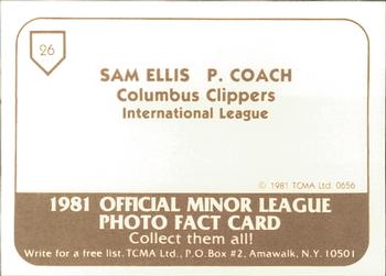 1981 TCMA Columbus Clippers #26 Sam Ellis Back