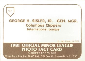 1981 TCMA Columbus Clippers #27 George H. Sisler Back