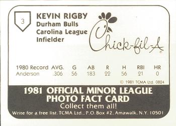1981 TCMA Durham Bulls #3 Kevin Rigby Back