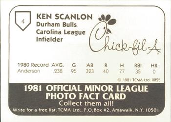 1981 TCMA Durham Bulls #4 Ken Scanlon Back