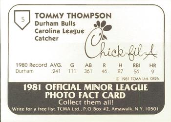 1981 TCMA Durham Bulls #5 Tommy Thompson Back