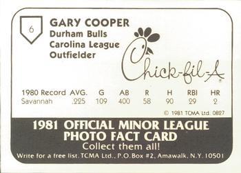 1981 TCMA Durham Bulls #6 Gary Cooper Back