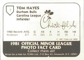 1981 TCMA Durham Bulls #7 Tom Hayes Back
