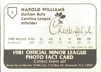 1981 TCMA Durham Bulls #8 Harold Williams Back