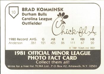 1981 TCMA Durham Bulls #10 Brad Komminsk Back