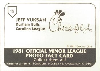 1981 TCMA Durham Bulls #12 Jeff Vuksan Back