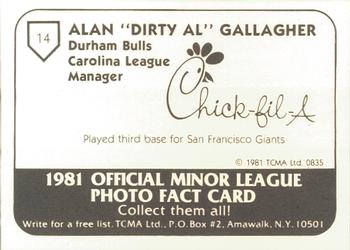 1981 TCMA Durham Bulls #14 Alan Gallagher Back