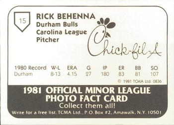 1981 TCMA Durham Bulls #15 Rick Behenna Back