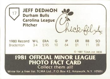 1981 TCMA Durham Bulls #17 Jeff Dedmon Back