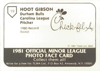 1981 TCMA Durham Bulls #19 Hoot Gibson Back
