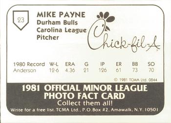 1981 TCMA Durham Bulls #23 Mike Payne Back
