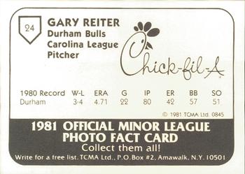 1981 TCMA Durham Bulls #24 Gary Reiter Back