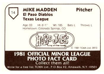 1981 TCMA El Paso Diablos #14 Mike Madden Back