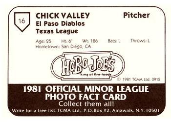 1981 TCMA El Paso Diablos #16 Chick Valley Back