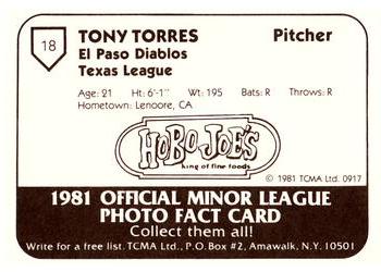 1981 TCMA El Paso Diablos #18 Tony Torres Back
