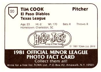 1981 TCMA El Paso Diablos #20 Tim Cook Back