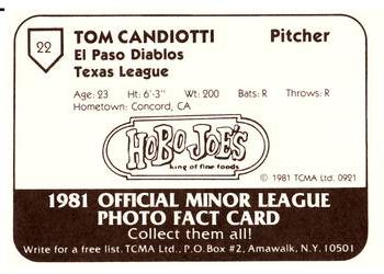 1981 TCMA El Paso Diablos #22 Tom Candiotti Back