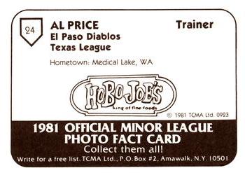 1981 TCMA El Paso Diablos #24 Al Price Back