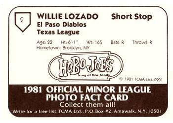 1981 TCMA El Paso Diablos #2 Willie Lozado Back