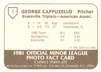 1981 TCMA Evansville Triplets #2 George Cappuzzello Back