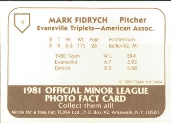 1981 TCMA Evansville Triplets #4 Mark Fidrych Back