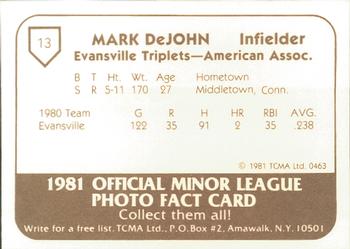 1981 TCMA Evansville Triplets #13 Mark DeJohn Back