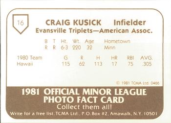 1981 TCMA Evansville Triplets #16 Craig Kusick Back