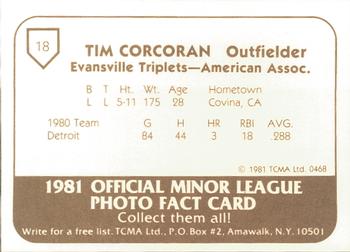 1981 TCMA Evansville Triplets #18 Tim Corcoran Back