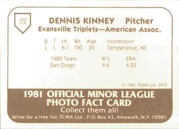 1981 TCMA Evansville Triplets #22 Dennis Kinney Back