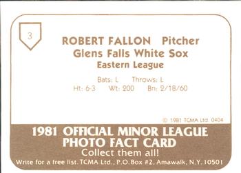 1981 TCMA Glens Falls White Sox #3 Robert Fallon Back