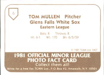 1981 TCMA Glens Falls White Sox #6 Tom Mullen Back
