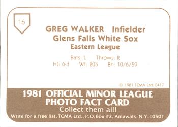 1981 TCMA Glens Falls White Sox #16 Greg Walker Back