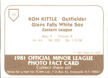 1981 TCMA Glens Falls White Sox #19 Ron Kittle Back