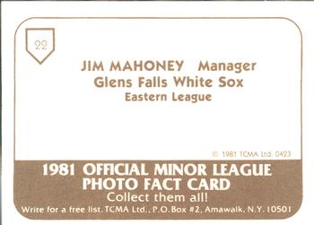 1981 TCMA Glens Falls White Sox #22 Jim Mahoney Back