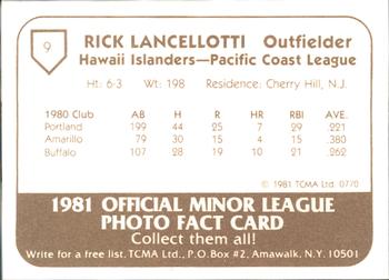 1981 TCMA Hawaii Islanders #9 Rick Lancellotti Back