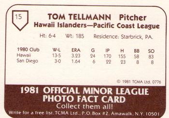 1981 TCMA Hawaii Islanders #15 Tom Tellmann Back