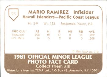1981 TCMA Hawaii Islanders #23 Mario Ramirez Back