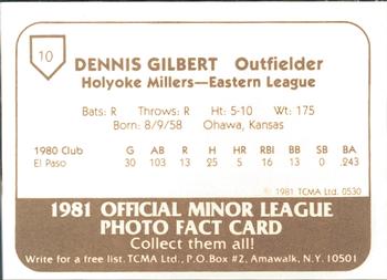 1981 TCMA Holyoke Millers #10 Dennis Gilbert Back