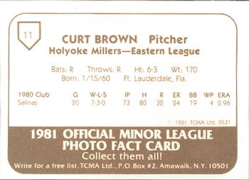 1981 TCMA Holyoke Millers #11 Curt Brown Back