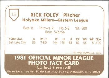 1981 TCMA Holyoke Millers #15 Rick Foley Back