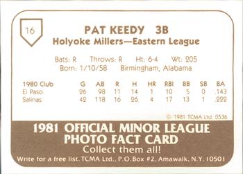 1981 TCMA Holyoke Millers #16 Pat Keedy Back