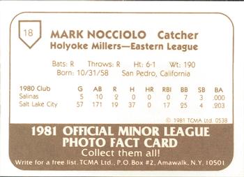1981 TCMA Holyoke Millers #18 Mark Nocciolo Back