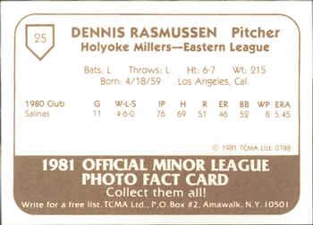 1981 TCMA Holyoke Millers #25 Dennis Rasmussen Back
