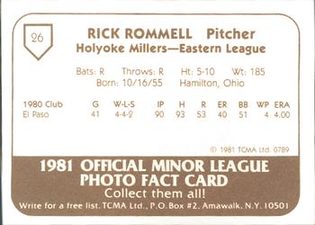 1981 TCMA Holyoke Millers #26 Rick Rommell Back